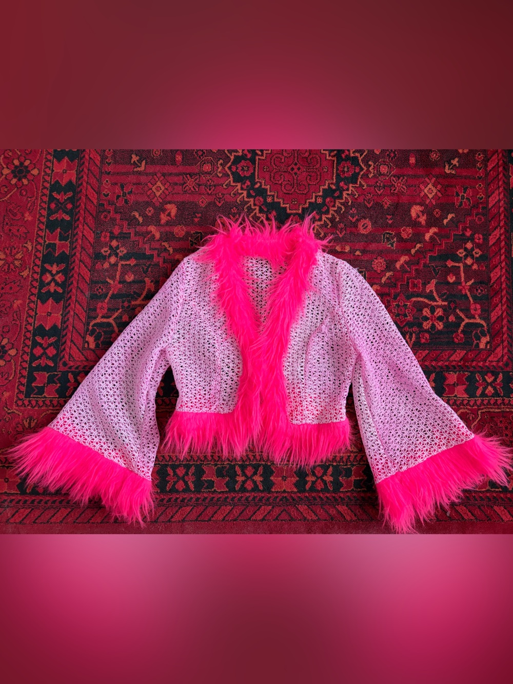 Hot Pink Feather Trim Crochet Cardigan
